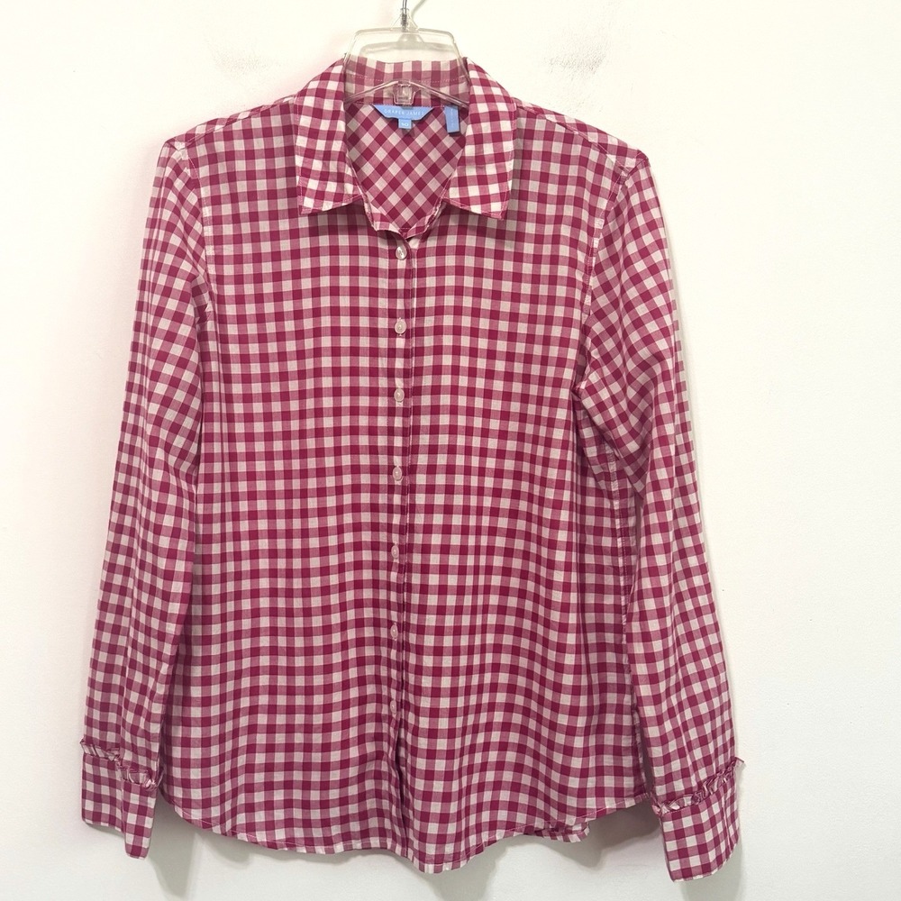 Draper James Blouse Top 10 Red Gingham Ruffle Cuff Button Front Summer Picnic
